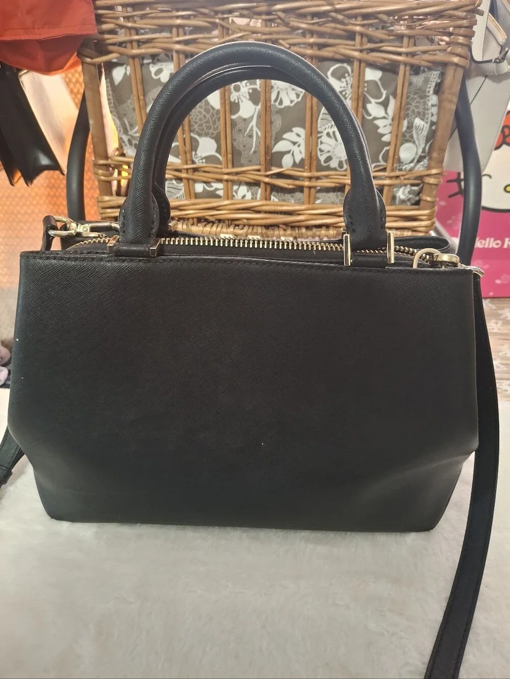 Michael Kors Black Saffiano Leather Satchel with Gold MK Logo